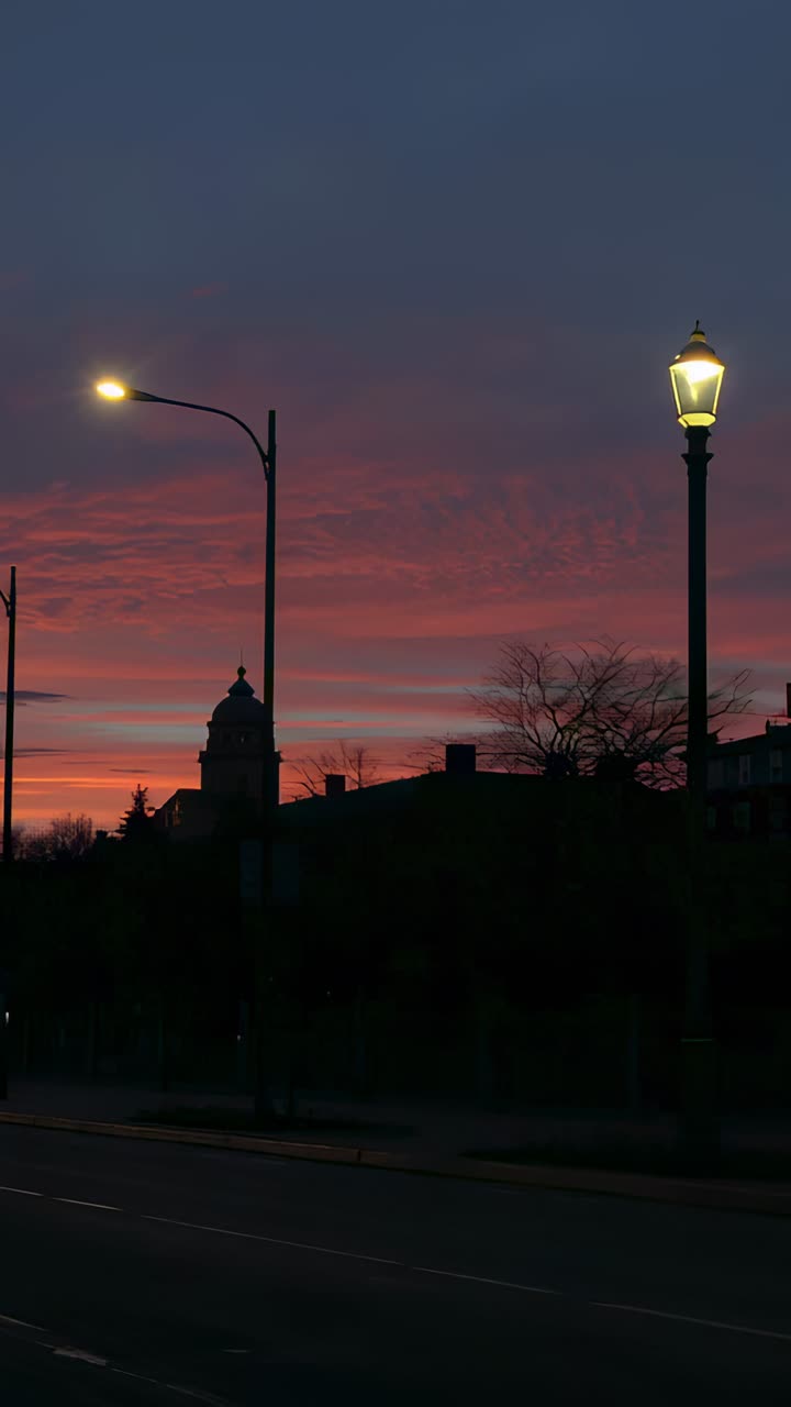 Vertical video: Capturing camera recording domed building at sunset, lamps lighting and car passing