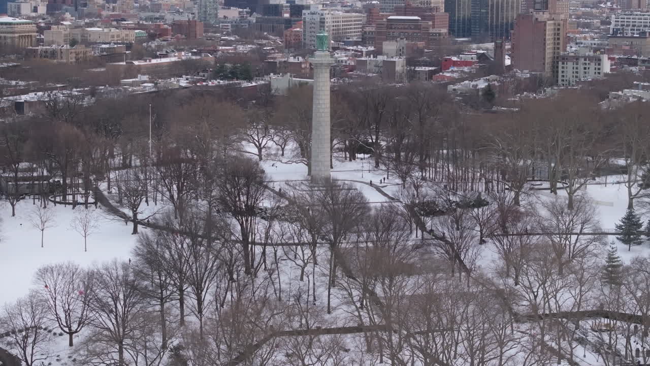 Aerial view of Fort Greene Park on a winter day. Shot in Brooklyn, New York