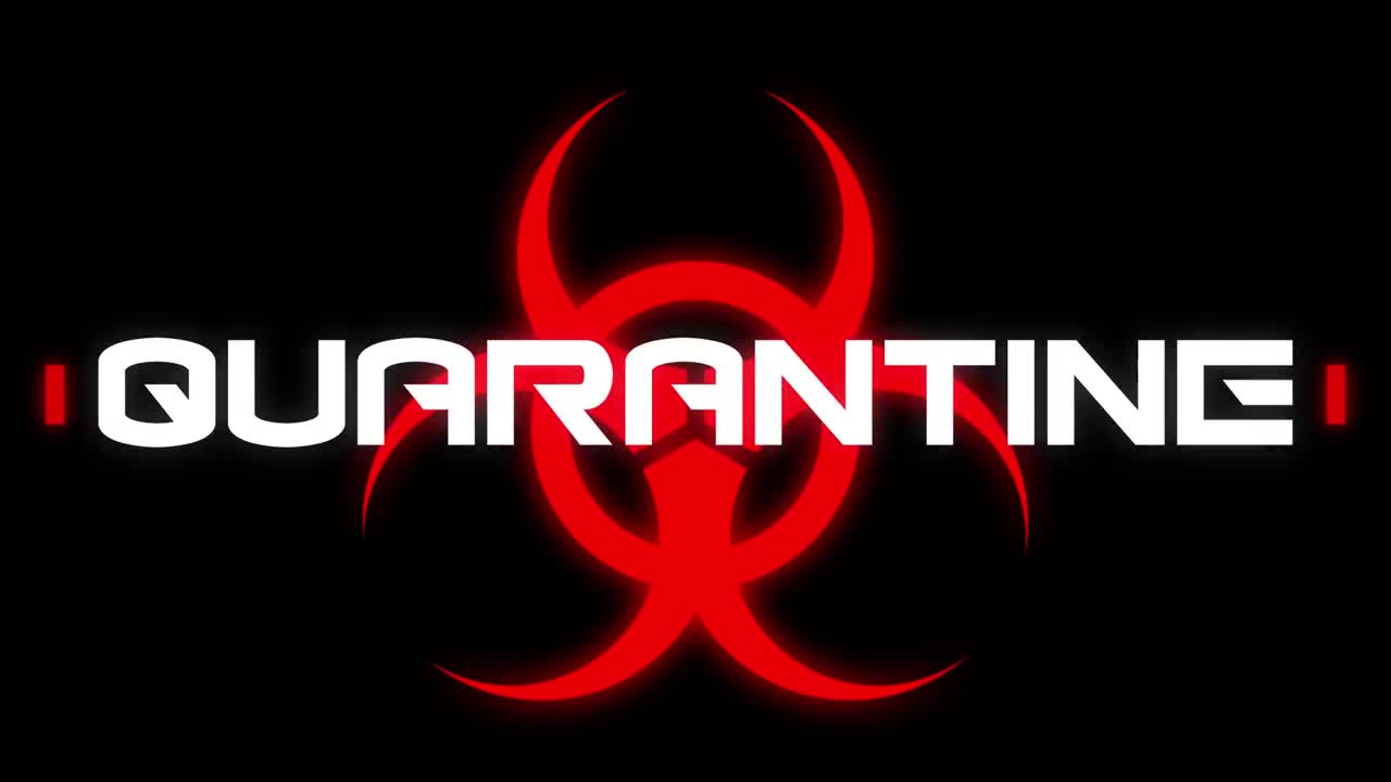 animación de la palabra cuarentena escrita sobre el signo de peligro para la salud sobre fondo negro