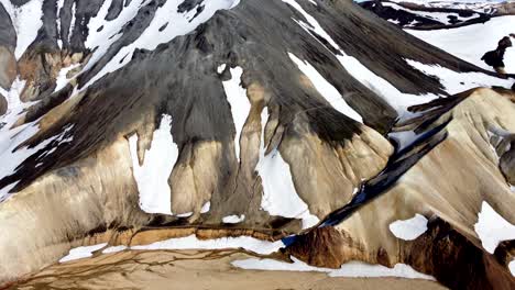 The-aerial-shot-reveals-a-valley-with-a-glacier-river-between-the-rainbow-mountains-of-Landmannalaugar-in-Iceland