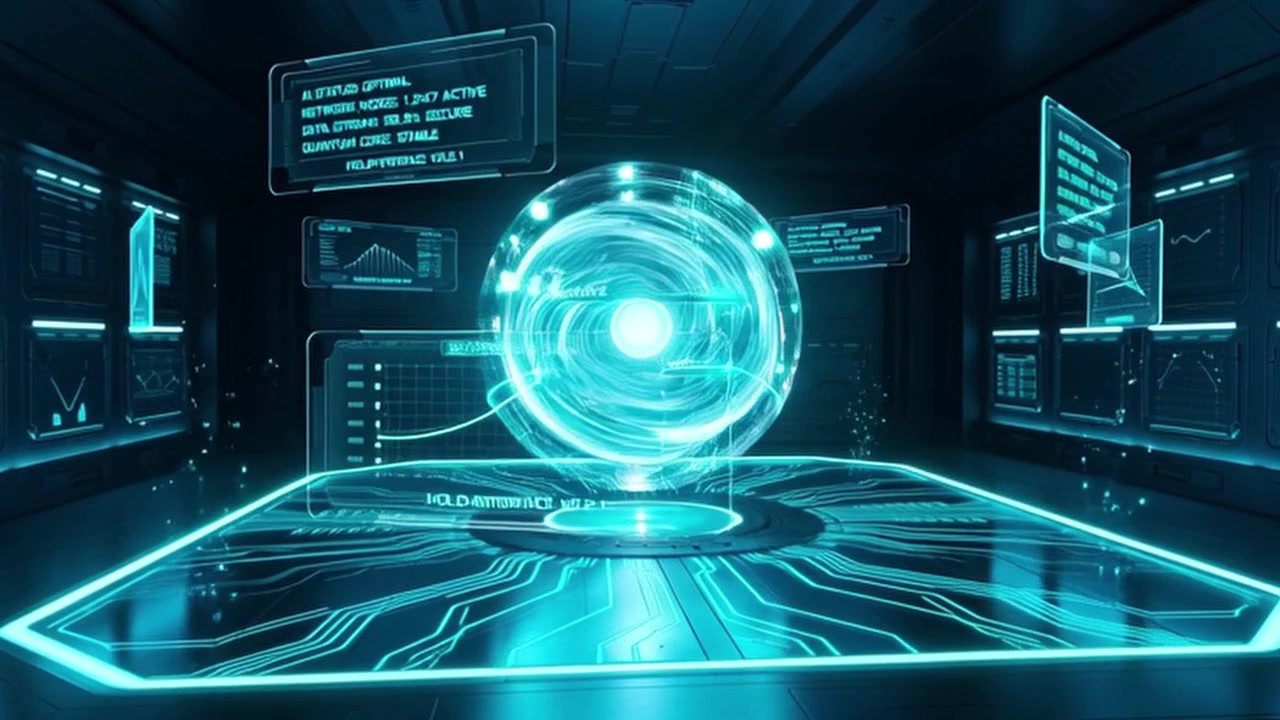 Futuristic Digital Control Room with Glowing Holographic Energy Sphere