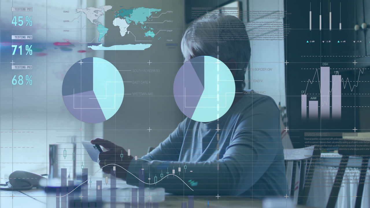 senior woman using stylus on tablet in home office, with floating world map and finance charts
