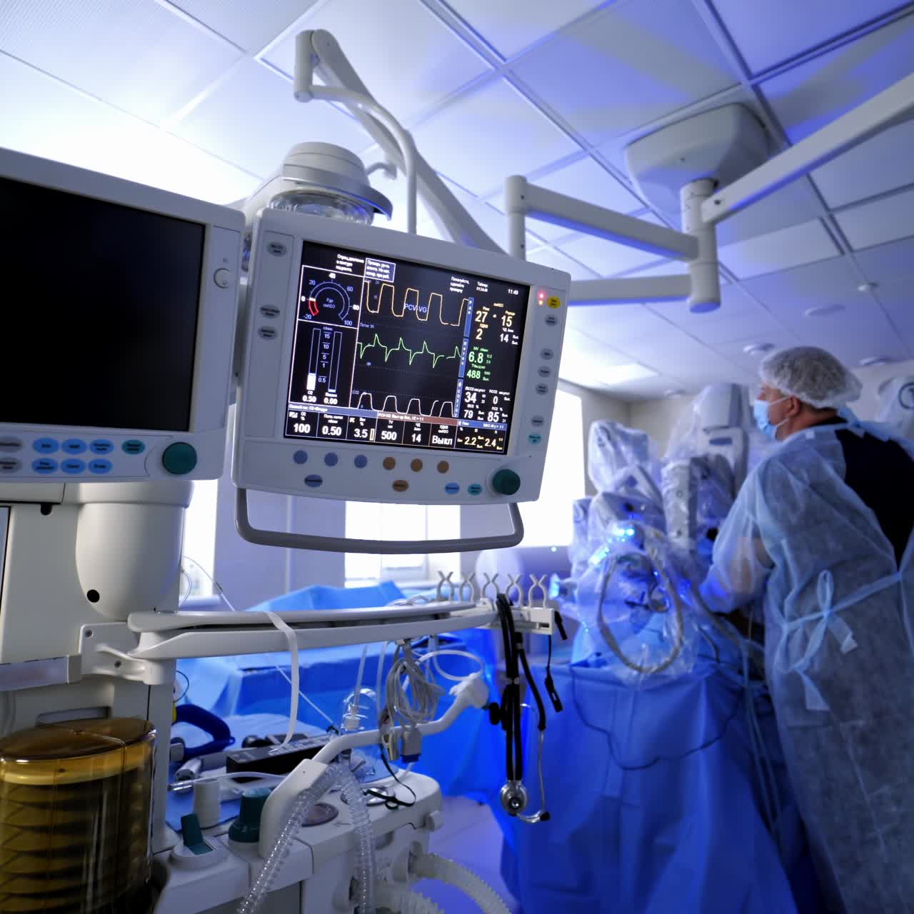 Contemporary medical system in the operating room. Monitor and machine ventilator in hospital theater. Modern equipment to show vital signs of a patient in the hospital.