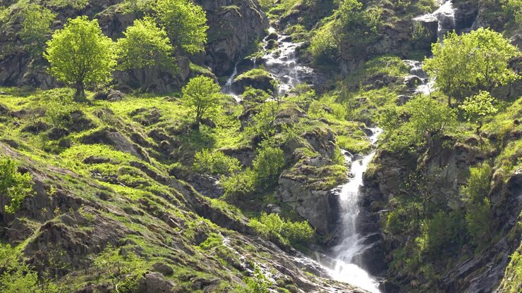 Una cascata di montagna scorre attraverso alberi verdi e terreno roccioso al Lago della Rovina, Italia