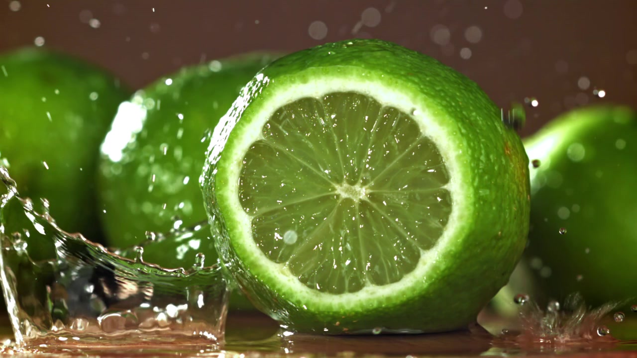 Fresh Green Lime Slice with Water Splashing in Slow Motion
