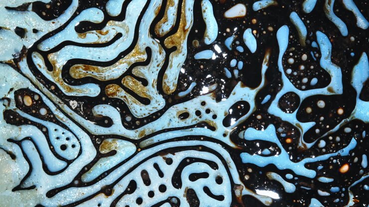 Abstract patterns of black and blue liquids mixing in a close-up, creating fluid, organic shapes