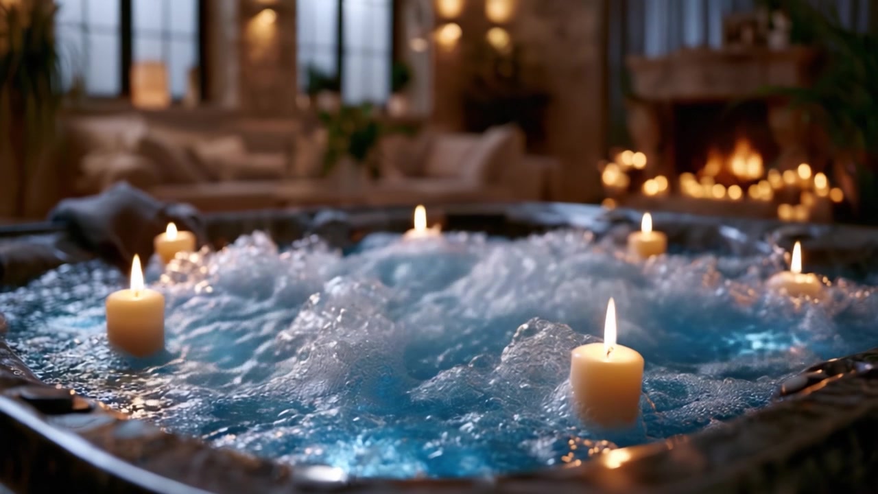 Un'esperienza spa serena: Relax in una lussuosa vasca idromassaggio circondata da candele tremolanti e bolle, perfetta per un rilassante ritiro serale.