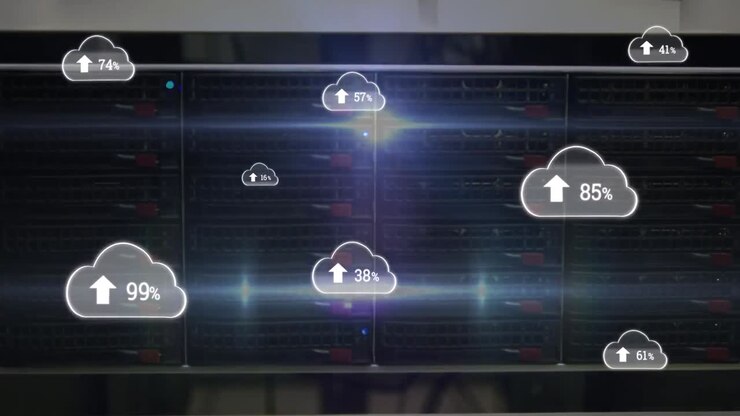 Animation of digital cloud icons and percent growing over computer servers