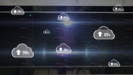 animation of digital cloud icons and percent growing over computer servers