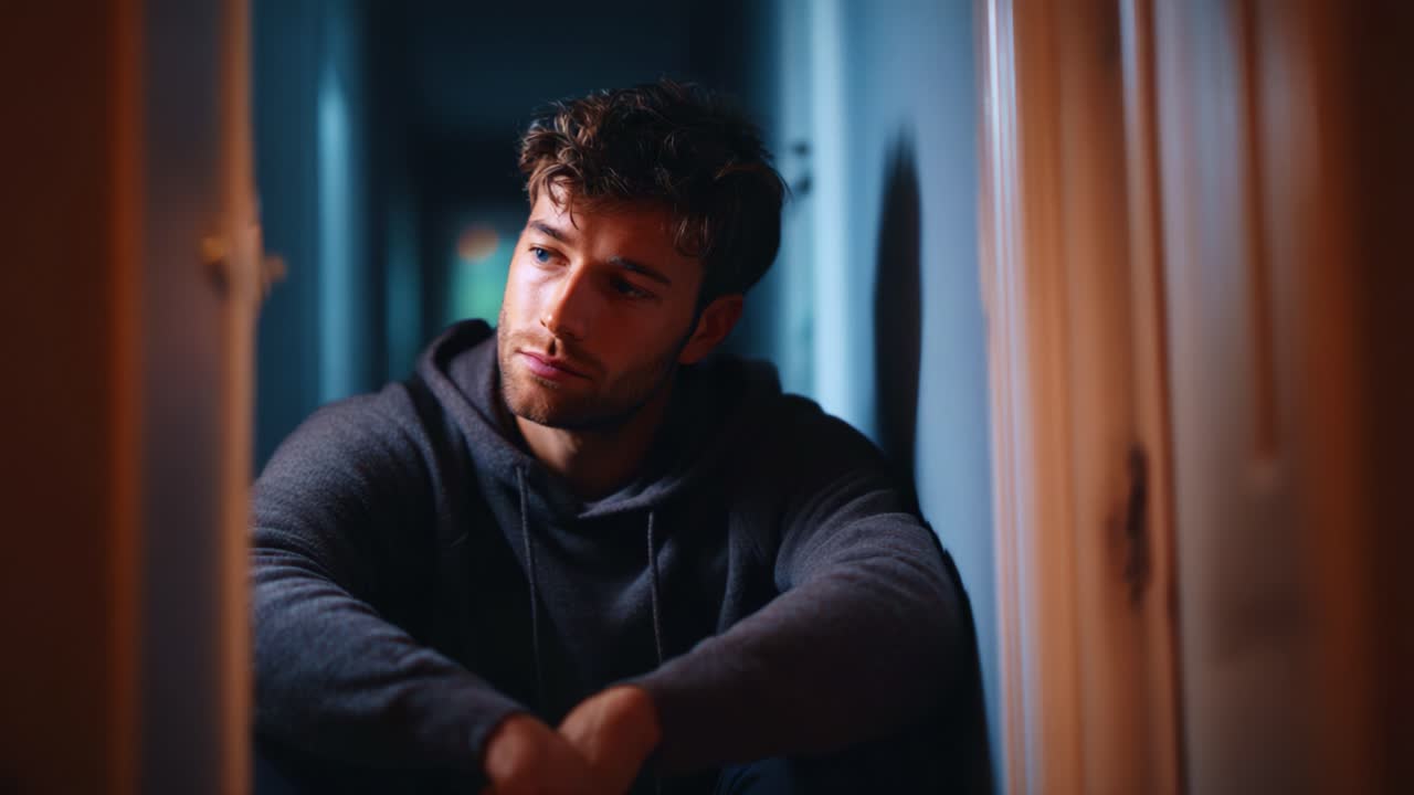 A contemplative young man seated in a dimly lit hallway, reflecting on thoughts and emotions, capturing a moment of introspection and solitude in a serene environment