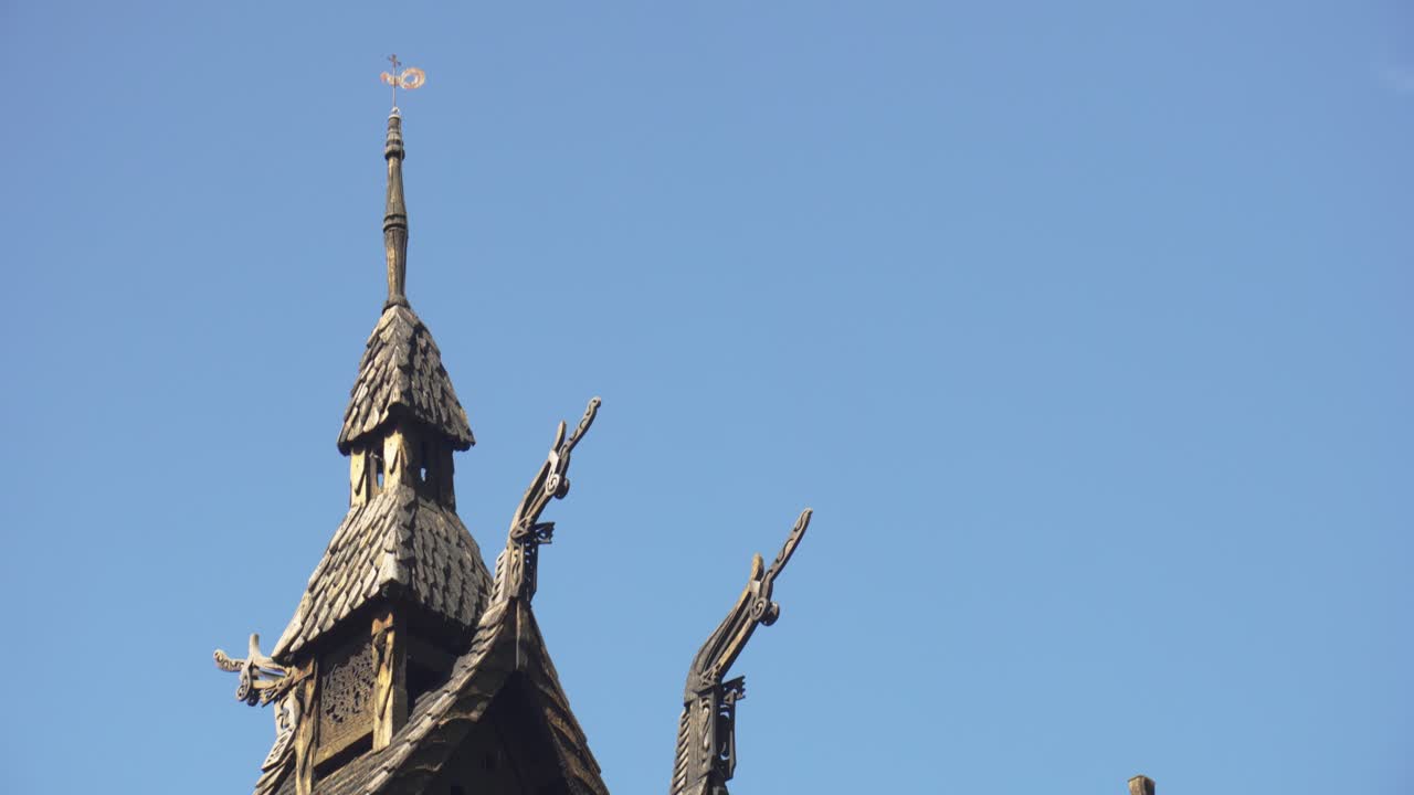 Roof Details Of A Preserved Medieval Of The Borgund Stave Church In Norway. Panning Down Shot