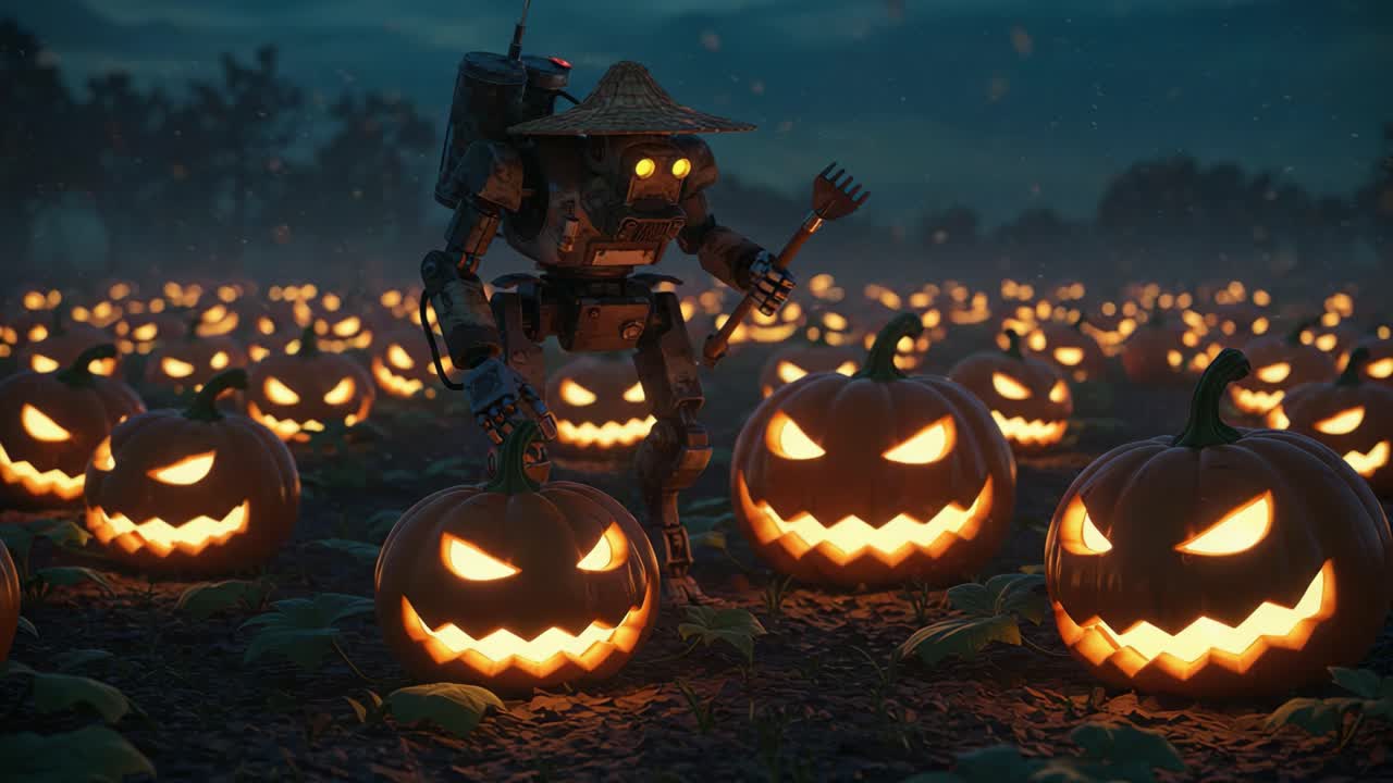 A Scarecrow Robot Harvesting Glowing Jack-O'-Lanterns in an Enchanted Pumpkin Field at Dusk with Spooky Lanterns Illuminating the Night Sky