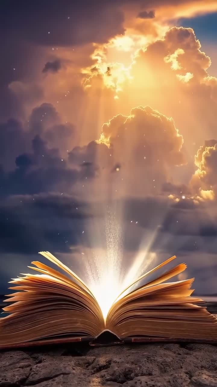 Libro magico con pagine luminose sotto nuvole drammatiche, ripreso dal basso, concept video