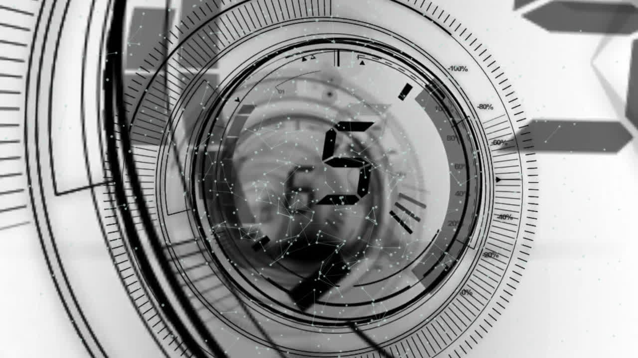 Animation of scope scanning with countdown over light spots on white background