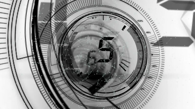 Animation of scope scanning with countdown over light spots on white background
