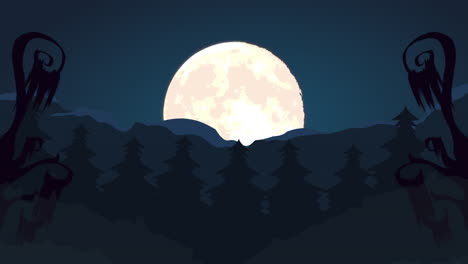 night scene with a big moon and trees, animation