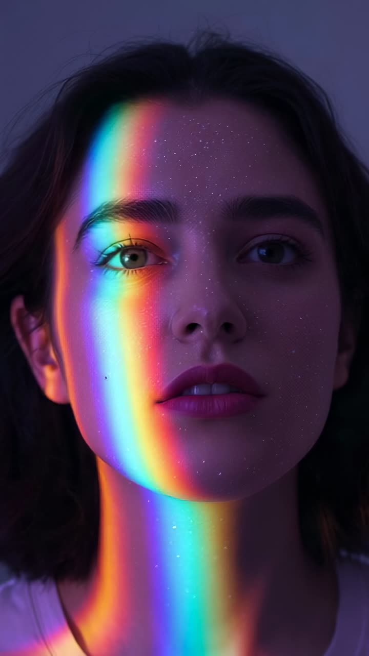 Vertical video: Woman catching falling rainbow beam on face in studio causing blinking and sparkles