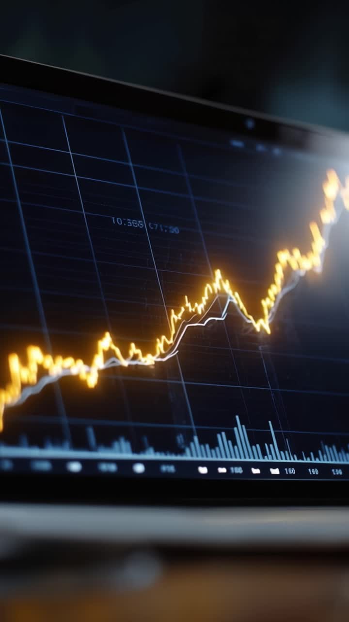 Una chiara tendenza al rialzo nell'analisi di mercato è mostrata su uno schermo digitale, evidenziando la rapida crescita dei dati finanziari e dello slancio in un moderno ambiente di trading.