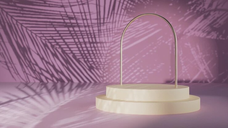 Minimal white podium display with purple wall and palm trees shadow background for product design, 3d rendering, 3d illustration animation loop