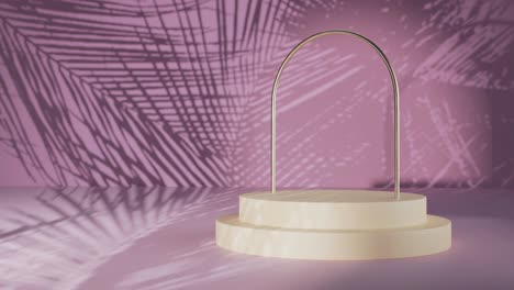 minimal white podium display with purple wall and palm trees shadow background for product design, 3d rendering, 3d illustration animation loop