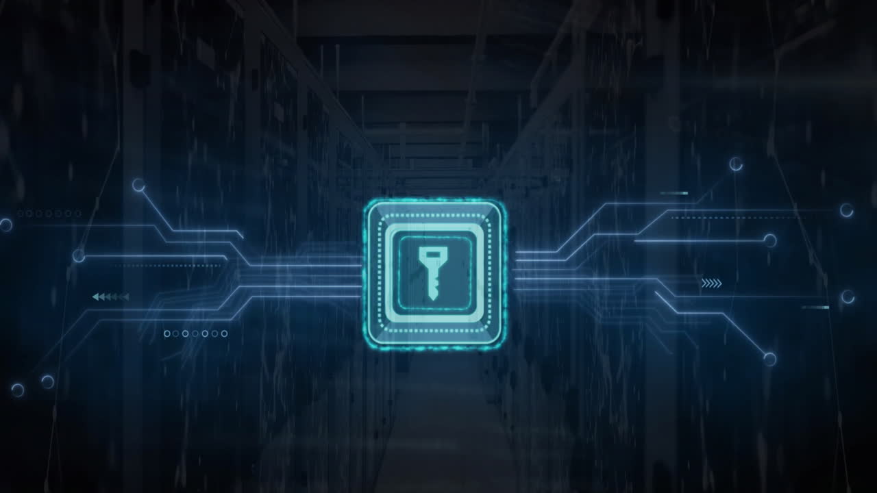 animación del icono de la llave sobre la placa de circuitos de la computadora y procesamiento de datos