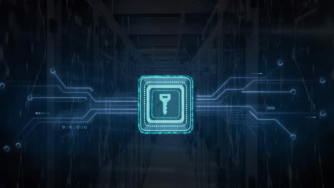 Animation-of-key-icon-over-computer-circuit-board-and-data-processing