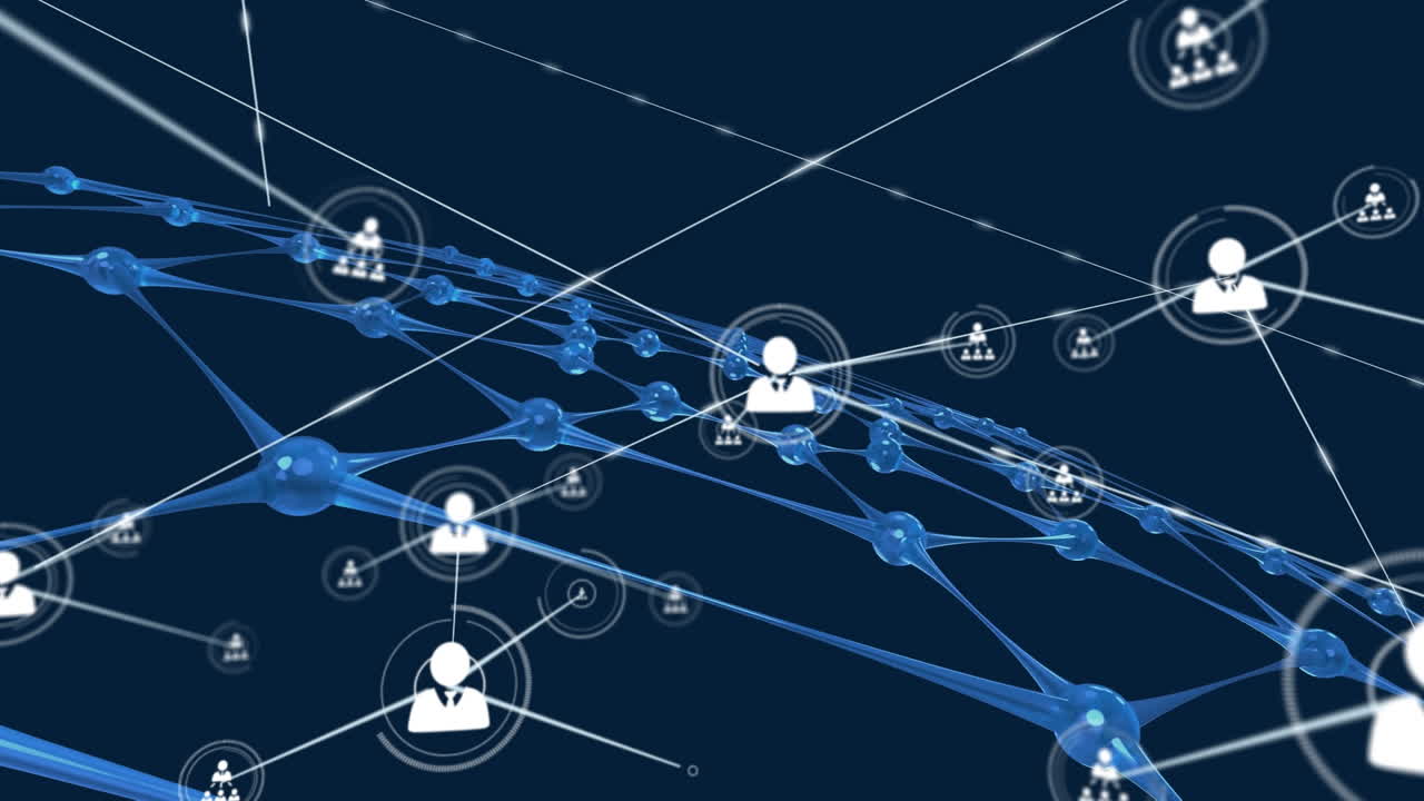 Animation of network of connections with icons over blue net