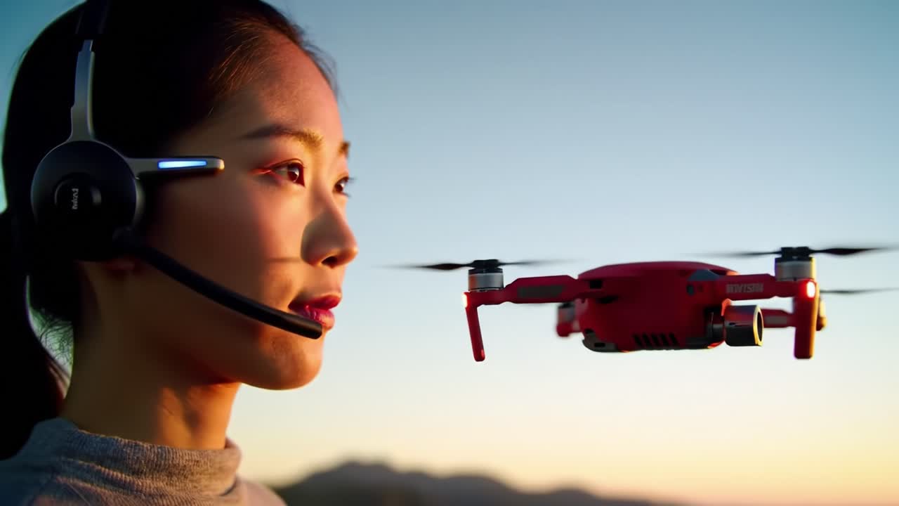 A woman interacts with a sleek drone at sunset, showcasing the blend of technology and nature as she engages in a modern aerial experience with advanced equipment.