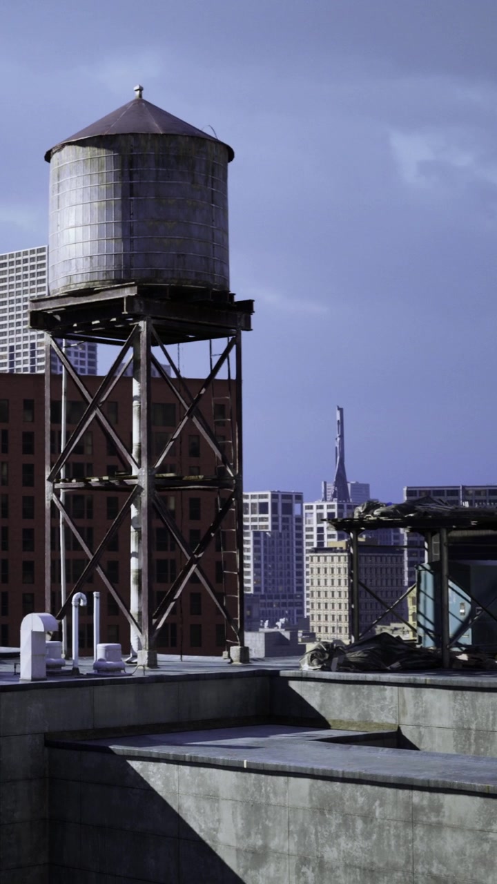 Old water tower stands tall against a city skyline filled with modern buildings