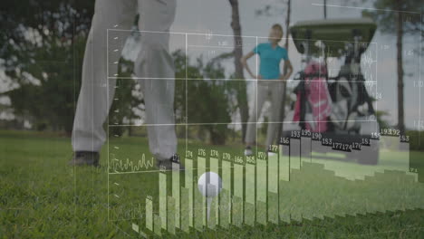 in school, golfer preparing to putt with animation of data graph overlaying scene