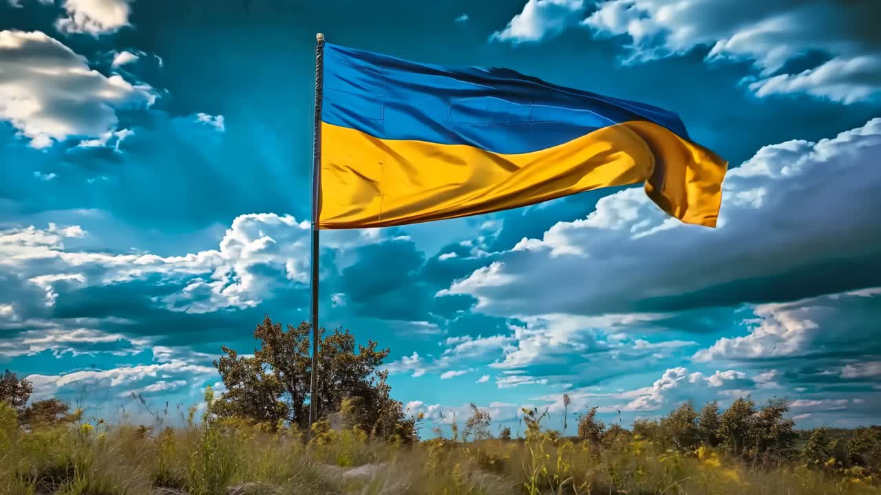 하늘에서 높이 날아다니는 노란색과 파란색 발