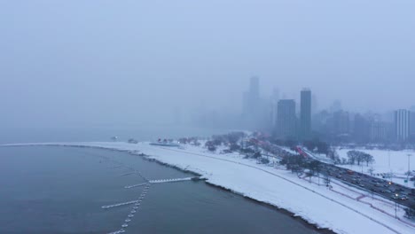 aerial footage of frozen lake michigan during 2019 polar vortex, chicago, illinois