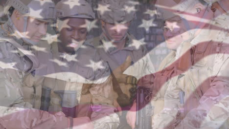 animation of flag of usa over diverse soldiers with soldiers