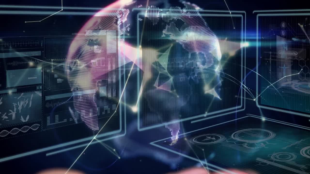 Animation of hand with rotating globe over screens with scientific data