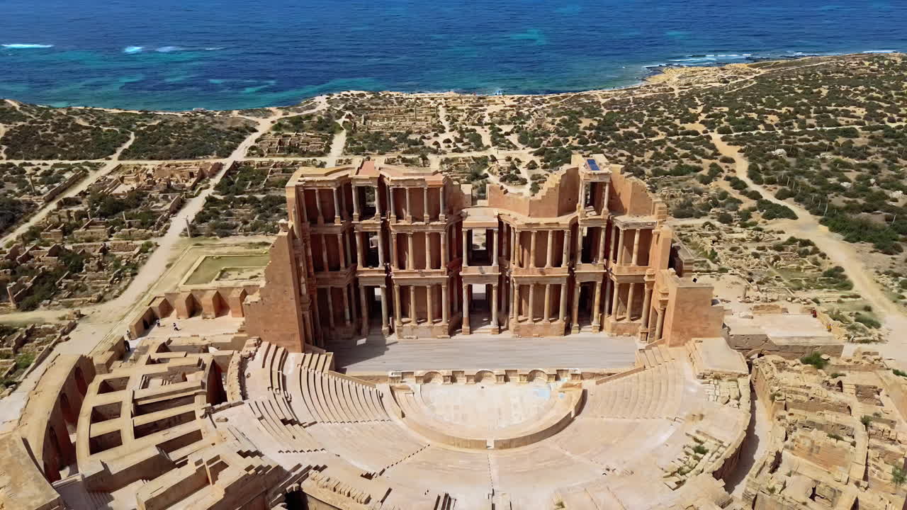 Aerial drone view of the Roman Theatre of Sabratha, one of Libya's most iconic archaeological sites