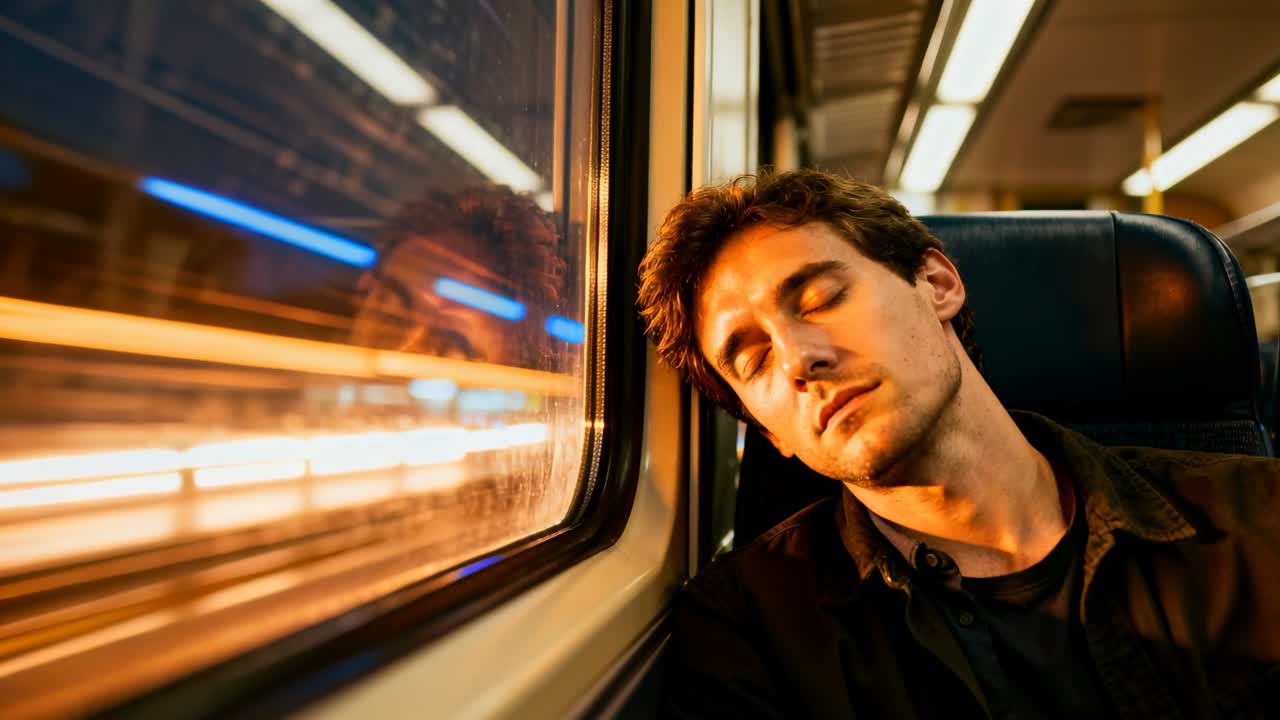 Uomo assonnato in giacca scura che si addormenta su un treno notturno, cullato dal movimento, con il riflesso del finestrino.
