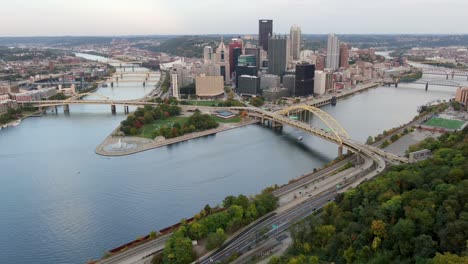 aerial establishing shot of pittsburgh skyline, bridges and rivers