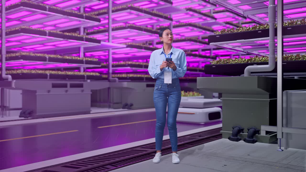 mujer en una granja vertical moderna