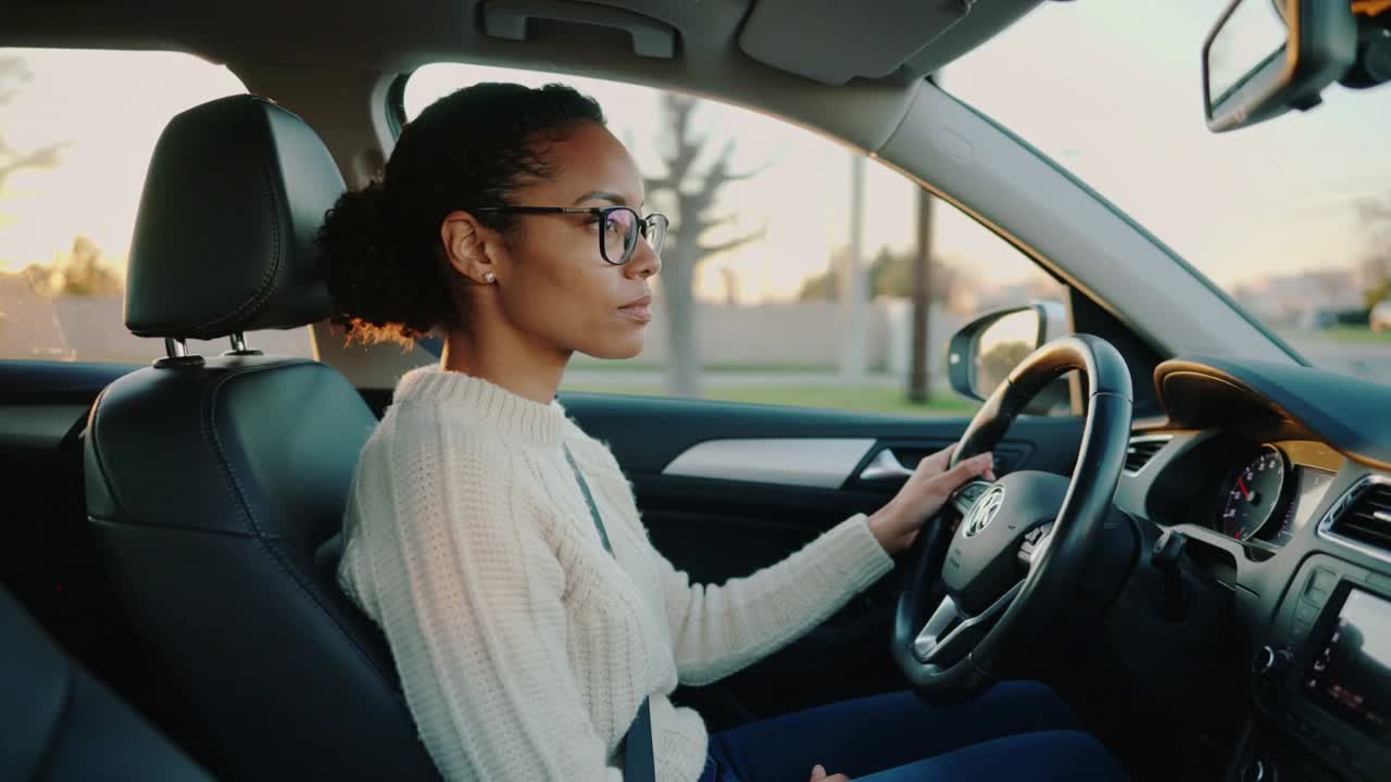 Une femme conduisant en pull, tenant le volant après avoir démarré sa voiture sur une route de banlieue au coucher du soleil, ceinture de sécurité attachée