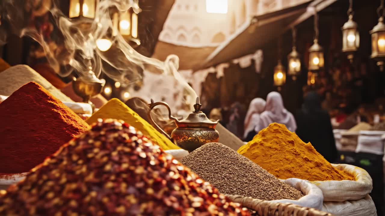 Colorful spice market with steaming incense