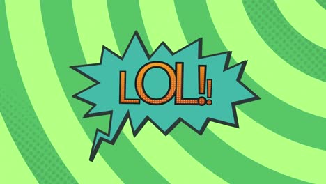 animation of vintage comic cartoon speech bubble with lol! text on green striped background