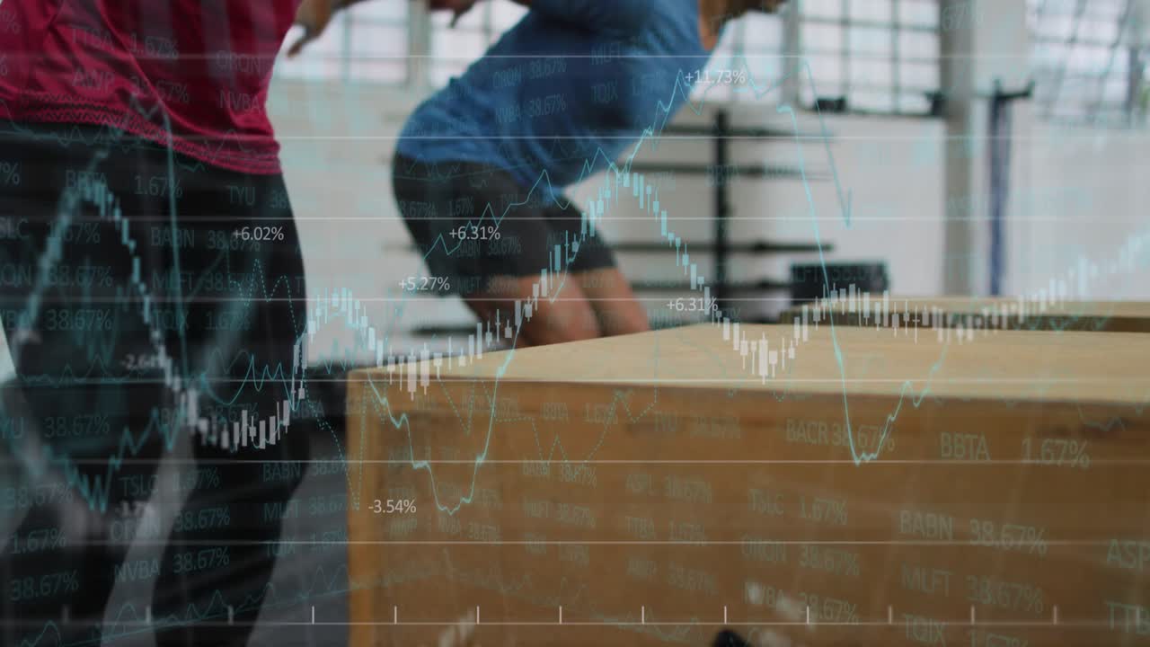 Two exercisers approaching plyo box, placing foot and pushing up, financial charts tracking metrics