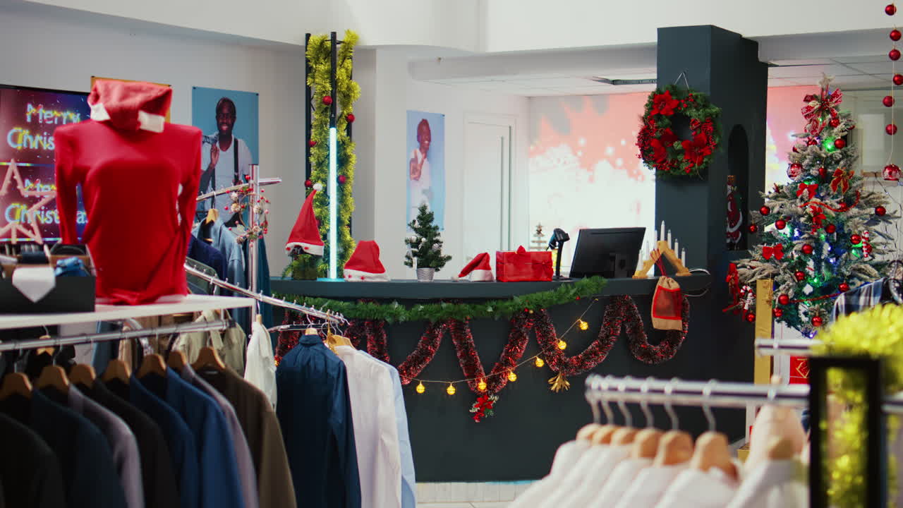 jib abajo tiro de la boutique de moda festiva llena de árbol de navidad bellamente decorado, guirnaldas y felices pantallas digitales de navidad. tienda de centro comercial vacía con ropa en estantes