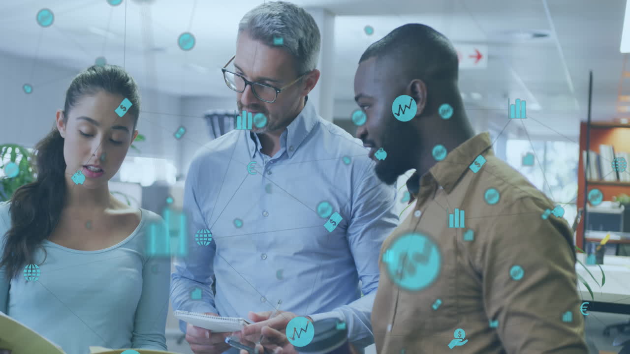 Animation of network of connections over diverse business people working in office