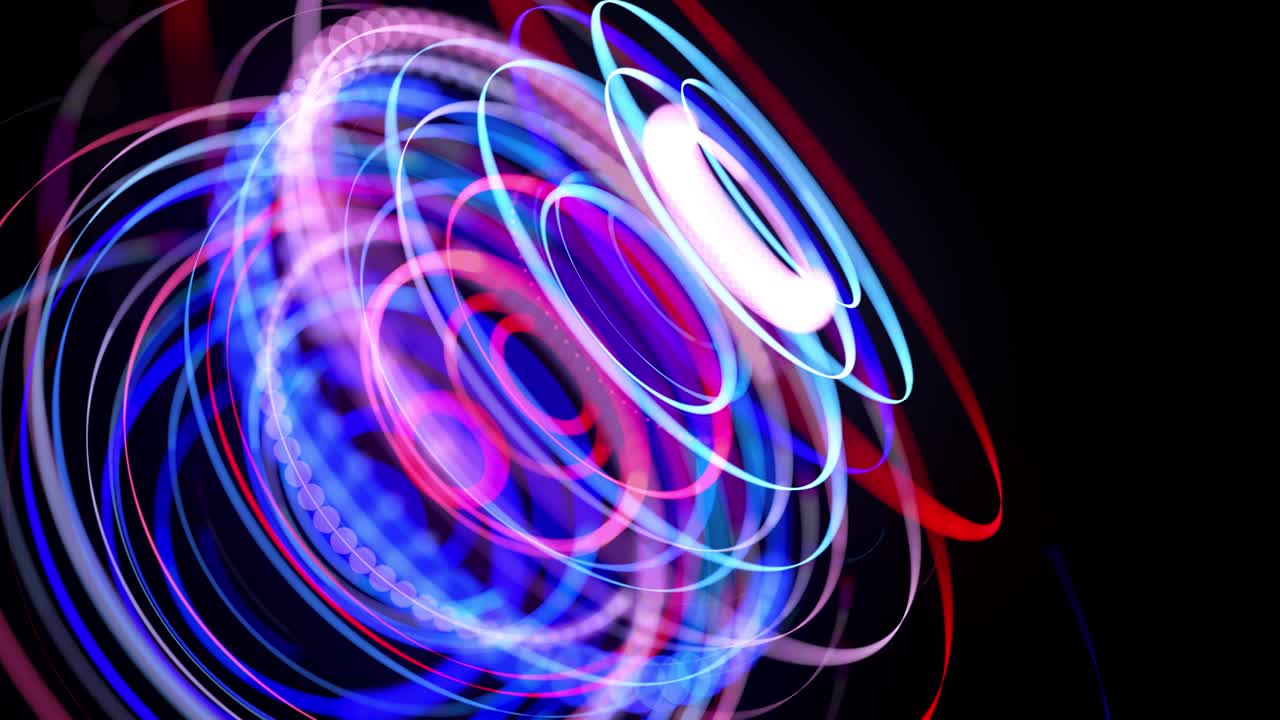 flujo de luz en la estructura de anillo, bg en 4k. fondo en bucle abstracto con senderos de luz, flujo de líneas de neón rojo azul en anillos de forma espacial. fondo de diseño de movimiento moderno de moda. efecto de luz,