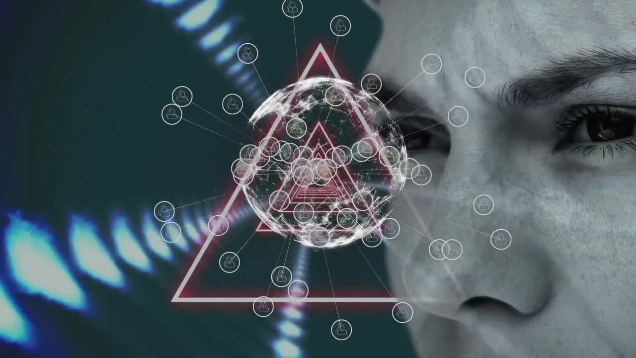 Animation of globe with network of connections and triangles over woman's face