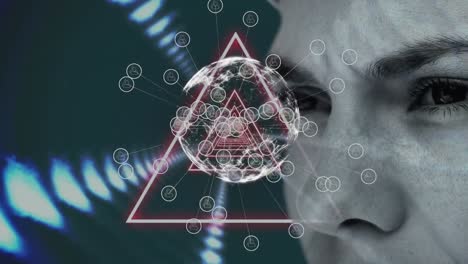 Animation of globe with network of connections and triangles over woman&#039;s face