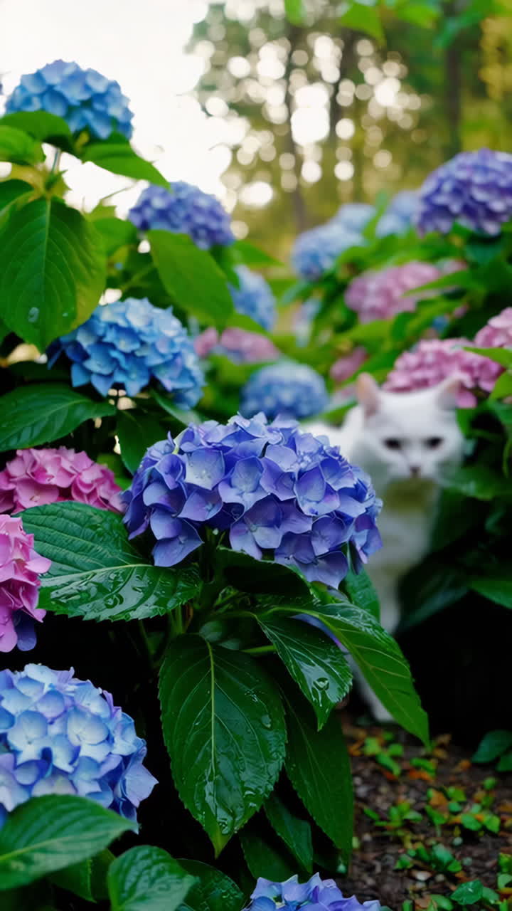 White Cat Exploring Hydrangea Garden