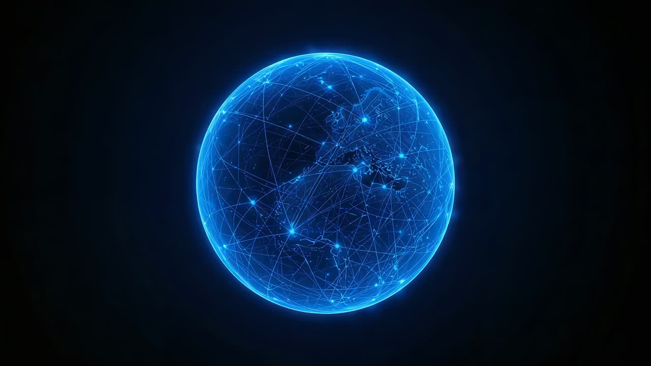 Appearing at start, holographic Earth globe rotating east in void, pulsing nodes revealing regions