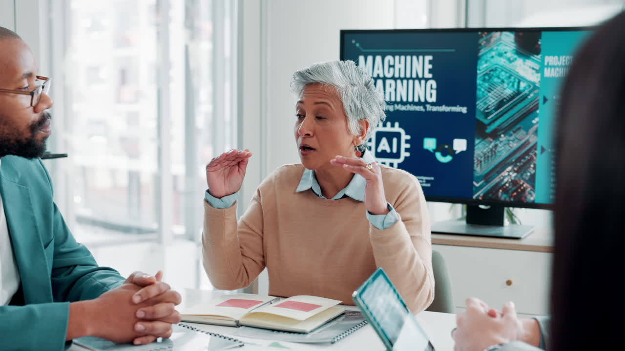 Business meeting discussing machine learning and AI